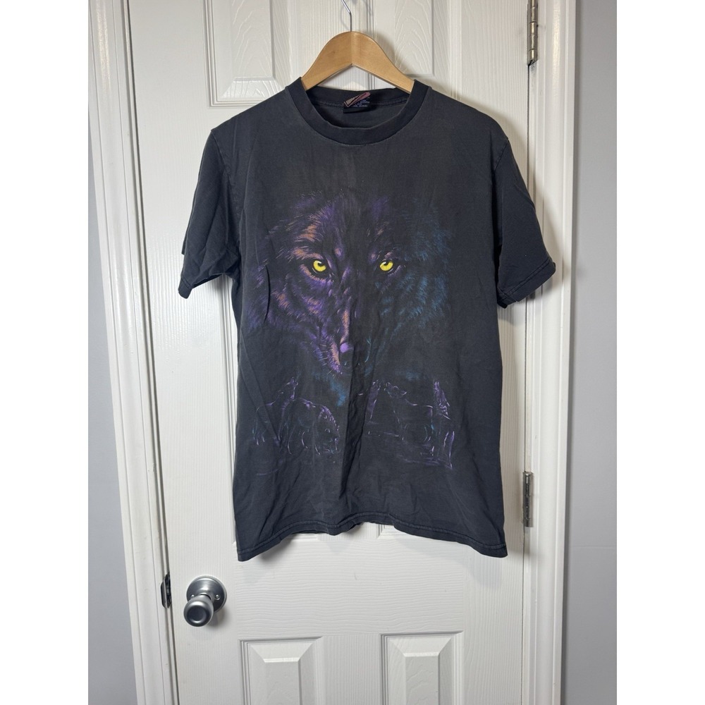 1990s HABITAT Wolf black vintage New Mexico nature graphic T shirt Medium M USA